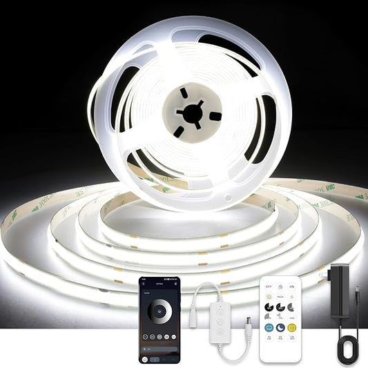 AXMOTUT COB LED Strip Lights with Remote, 24V 9.84ft White Dimmable LED Light Strips, High Bright 6000K LED Lights with Power Supply for Room, Kitchen, DIY Home Decoration