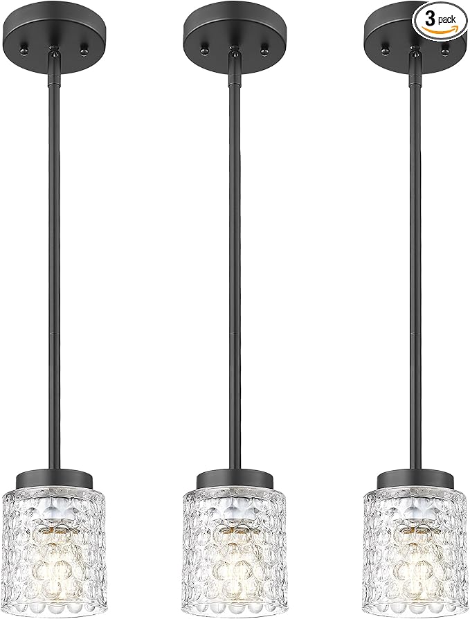 FEMILA 4" Black Pendant Light, Hammered Glass Chandelier, Dining Room Light Fixtures Over Table, 4FY86MIL-3PK BK