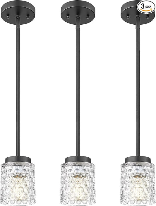 FEMILA 4" Black Pendant Light, Hammered Glass Chandelier, Dining Room Light Fixtures Over Table, 4FY86MIL-3PK BK