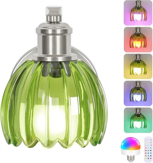 VerRon Rechargeable Battery Operated Wall Sconce with Green Glass Lampshade, Wireless Wall Scone Decor with Remote Control, 15 Colors Brushed Nickle Wall Light for Bedside Hallway Bedroom Doorway