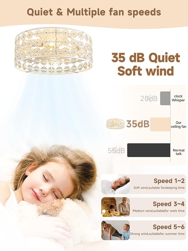 White Caged Ceiling Fan with Light and Remote, Modern Romantic Flower Crystal Ceiling Fans with Lights, Flush Mount Low Profile Fandelier, 6-Speed Reversible for Bedroom,Dining Room,Girls Room,Nursery
