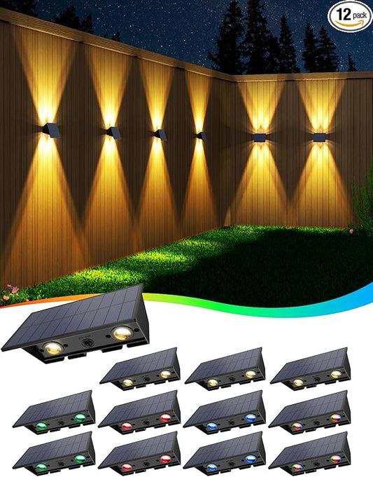 Solar Fence Lights,12 Pack Solar Lights Outdoor Warm White + RGB Up & Down Solar Wall Lights Waterproof 100 Lumens Dusk to Dawn Solar Powered Fence Light for Backyard/Pool/Railing/Patio/Porch/Step