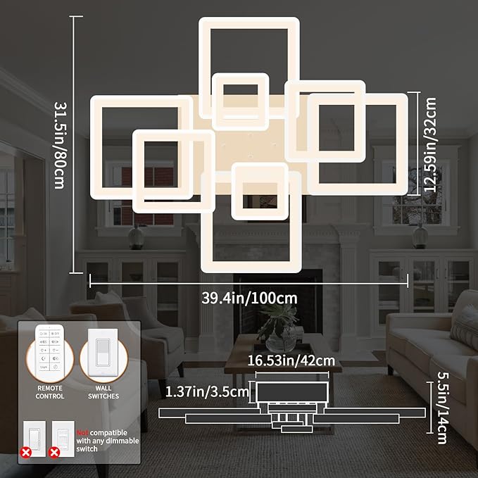 Shine LUEST Modern Ceiling Light, 39.4'' Dimmable LED White Flush Mount Ceiling Lights with Remote Acrylic Round Ceiling Lamp Fixture for Low Ceiling Bedroom Living Room Dining Room, 100W