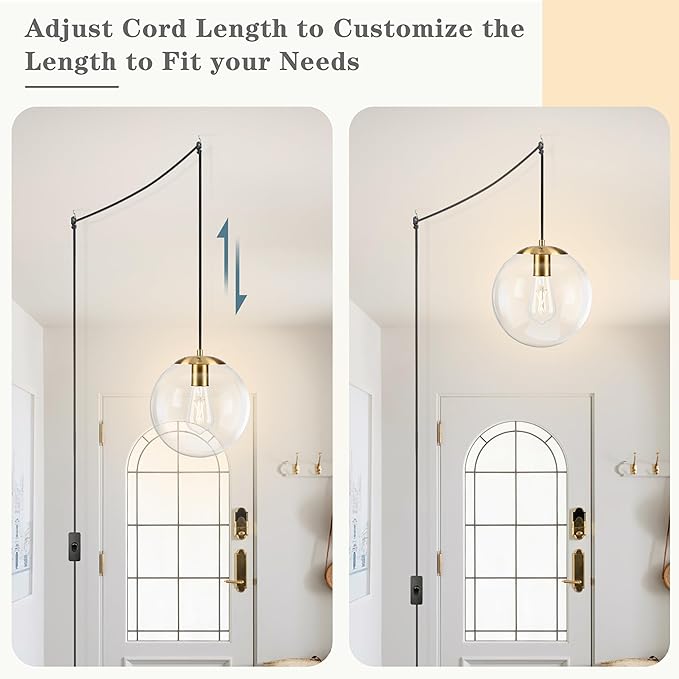 KoKo&Yukina 10" Globe Pendant Light Gold Plug in Pendant Light Adjustable Hanging Lights with Plug in Cord Brushed Gold Finished with Clear Glass Lampshade for Bedroom Kitchen Island（Bulb Included）