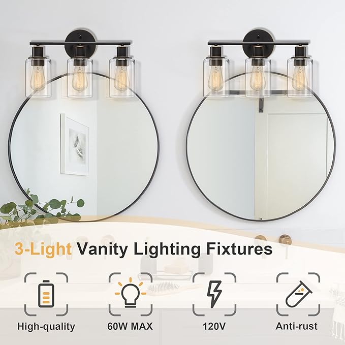 Pia Ricco Bathroom Vanity Light Fixtures, 3-Light Bathroom Wall Lights with Clear Glass Shades, Oil Rubbed Bronze Modern Vanity Light Over Mirror, Wall Sconces for Living Room Bedroom Hallway