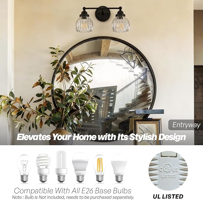 Vintage Double Arm Tulip Glass Wall Sconce Lighting, 2-Lights Bathroom Vanity Light Fixture for Hallway Bedroom Living Room Bedside Nightstands Lights