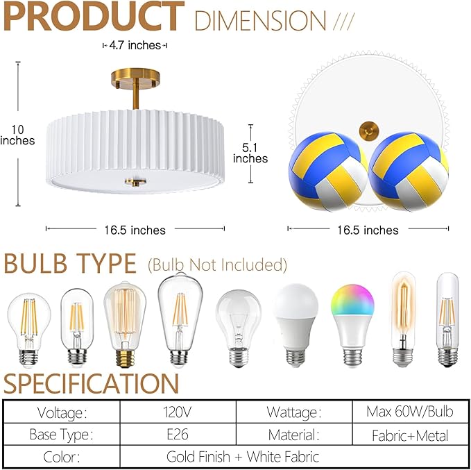 Bargeni 16.5 Inch Semi Flush Mount Ceiling Light Fixture,Gold Finish with Pleated Fabric Shade,3-Light Flush Mount Ceiling Light,Modern Light Fixtures Ceiling Mount for Bedroom,Hallway,Nursery Room