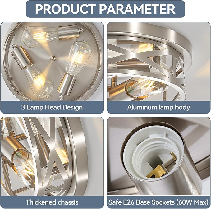 13 Inch Brushed Nickel Flush Mount Ceiling Lights, Modern Cage Ceiling Light Fixture E26 Base Indoor Metal Kitchen Ceiling Lights for House Hallway Bedroom Living Room Laundry, 2 Pack