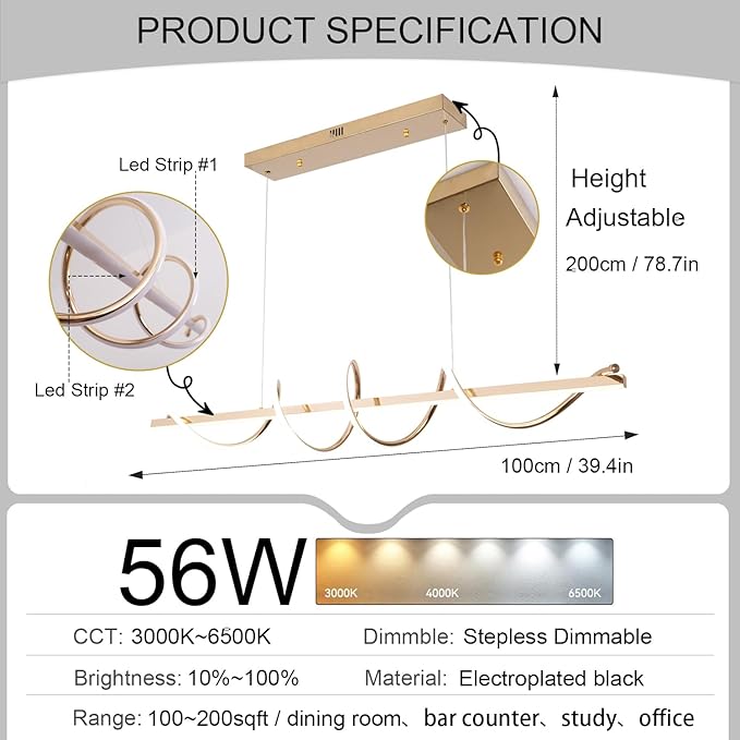 Led Pendant Light for Kitchen Island Lighting Dimmable 39.73" Twist Design Modern Led Chandelier 3000K-6500K