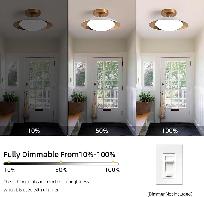 Dimmable Metal LED Flush Mount Ceiling Light, 5CCT 2700K-6000K White and Gold Close to Ceiling Lighting Fixtures, Mid Century Ceiling Lamp for Bedroom, Kitchen, Hallway, Laundry Room (11.8in)