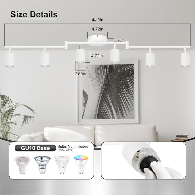 Track Lighting Kit LED, Track Lighting Fixtures Ceiling, 44.3" White 6 Light Ceiling Light for Kitchen, Flexible Spotlight with Rotatable Head, Industrial Wall Light for Hallway(GU10 Socket, NO Bulb)