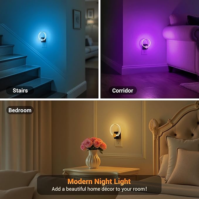 JandCase Night Light, 2 Pack Color Changing Night Lights Plug into Wall, RGB Nightlight with Light Sensor, 180° Rotatable Plug in Nightlights, Dimmable Ring Acrylic Night Light for Kids Gifts Hallway