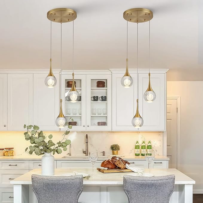 3 Light Gold Pendant Lighting, 15W Modern Dimmable LED Teardrop Crystal Chandelier Cluster Pendant Light for Kitchen Island Dining Room Hallway Bathroom 3000k Warm White