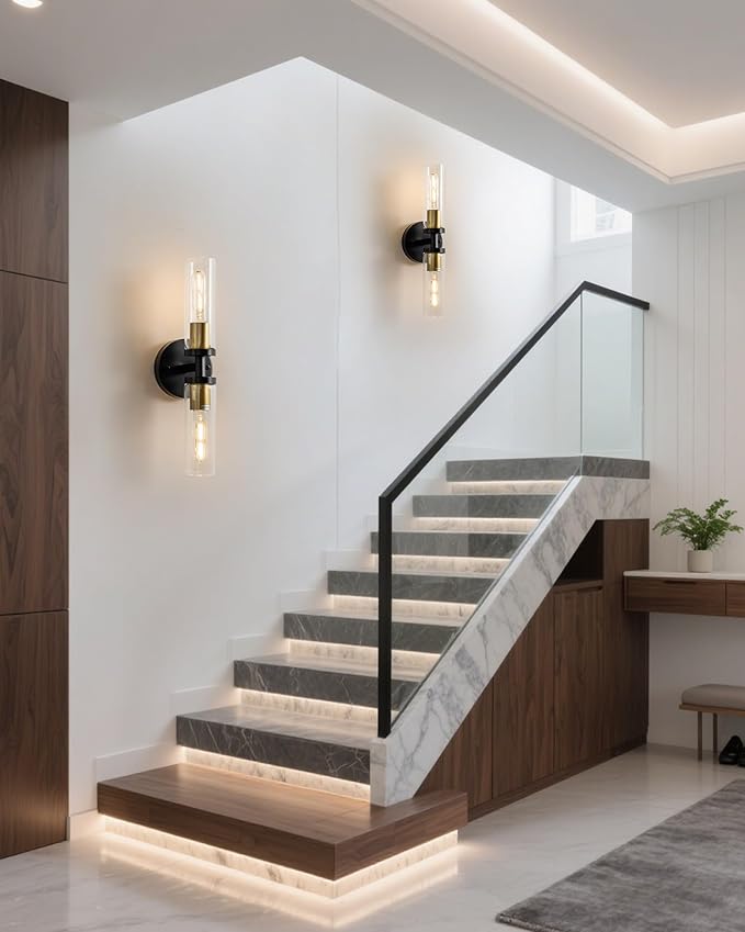 KSRYSZCQ Wall Sconces Set of Two Black and Gold Bathroom Wall Sconce with Clear Glass 15.75" Modern Wall Sconces for Bathroom Living Room Hallway Bedroom Kitchen