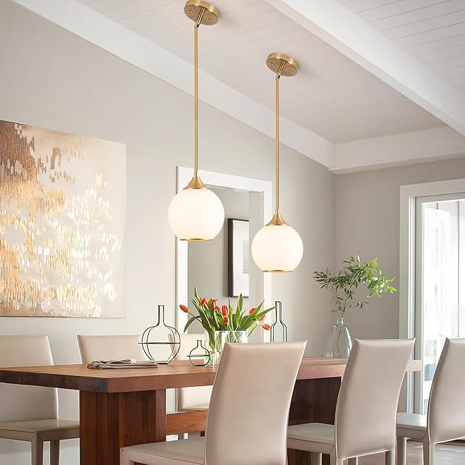 Pendant Lights Kitchen Island,Farmhouse Pendant Light with Milky Glass Globe Shade,6.29" Glass Pendant Light for Brushed Bronze Finish Farmhouse Entryway Dining Room Kitchen Island 1 Light