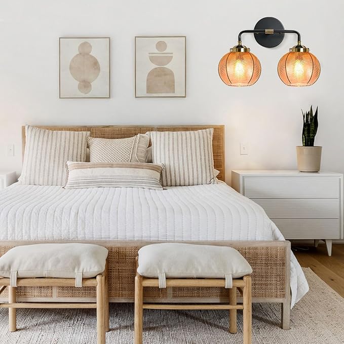 Mid Century Light Fixture Bathroom Wall Sconce 2-Lights with Amber Ribbed Glass Shade Globe Wall Mount Light Modern Vanity Lights for Over Mirror Bedroom Hallway Overhead