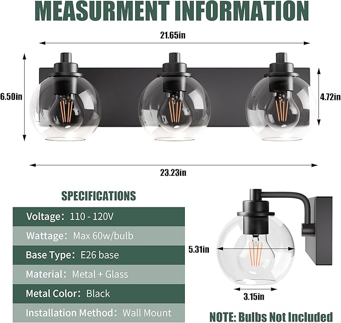 Espird Bathroom Light Fixtures-Matte Black Vanity Lights for Bathroom, Modern Black Vanity Lights 3-Light Bathrooms Lighting Fixtures Over Mirror with Clear Glass Shade