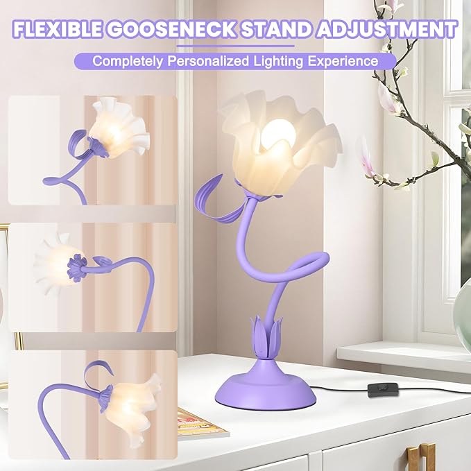 Flower Desk Lamp, LED Reading Light Flower Table Lamp, 3 Colors Flower Lamp for Girls Bedroom, Adjustable Flexible Nightstand Lamps, Bedside Table Lamp for Bedroom, Living Room, Home Decor (Purple)