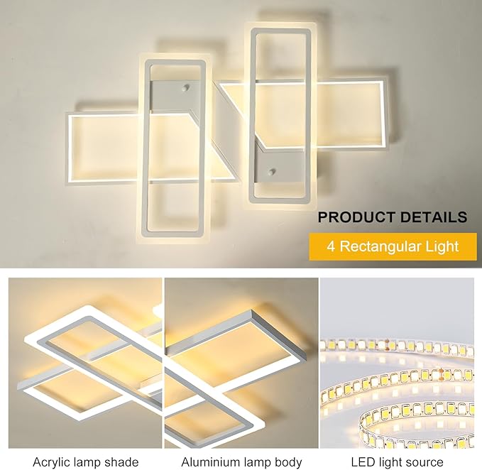 GEADI Modern Dimmable Ceiling Light Fixture,35.4" White LED Flush Mount Ceiling Lights with Remote Control,4 Ring Square Light Fixture for Bedroom Dining Room Living Room Kicthen (80W)