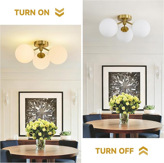 Gold Globe Semi Flush Mount Ceiling Light Mid Century Modern Milk Glass Ceiling Light Fixture Linear Sputnik Matte Chandelier for Bedroom Living Room Entryway Dining Room Hallway