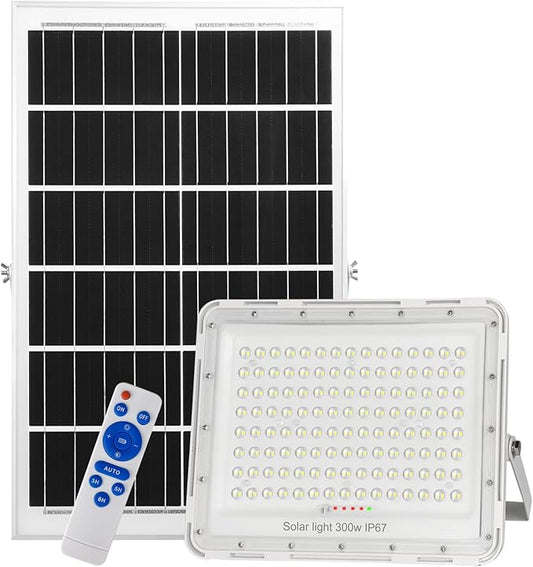 300W LED Solar Flood Lights,24000Lumens Street Flood Light Outdoor IP67 Waterproof with Remote Control Security Lighting for Yard, Garden, Gutter, Swimming Pool, Pathway, Basketball Court, Arena