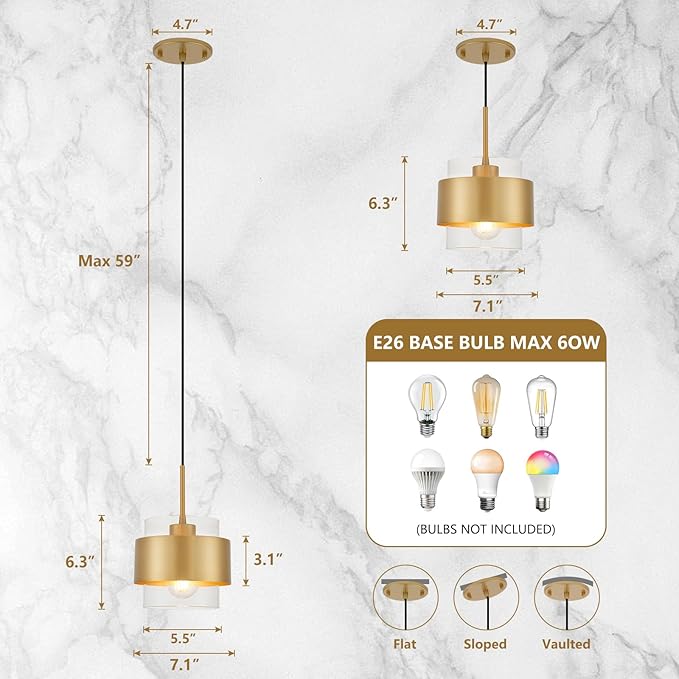 7" Modern Pendant Lights Kitchen Island, Gold Mini Pendant Light Fixtures with Clear Glass Shade, Adjustable Hanging Light Fixtures for Kitchen Island Restaurant Hallway,2 Pack