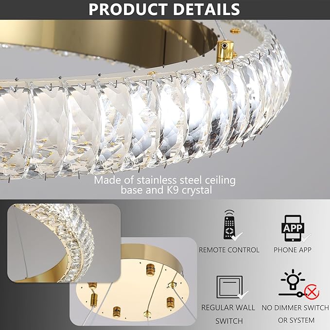 31.5" 1 Ring Crystal Chandelier Modern LED Dimmable Ring Pendant Light Chandelier for Dining Room Living Room Gold