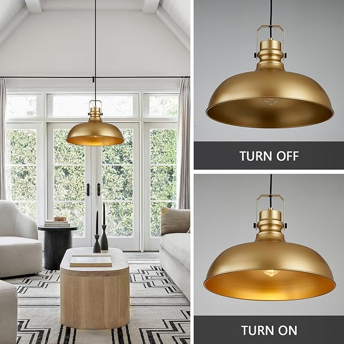 Gold Farmhouse Pendant Lights 16 Inch Matte Pendant Lighting for Kitchen Island Industrial Adjustable Height Vintage Dome Hanging Light Fixtures for Barn, Dining Room 1 Pack
