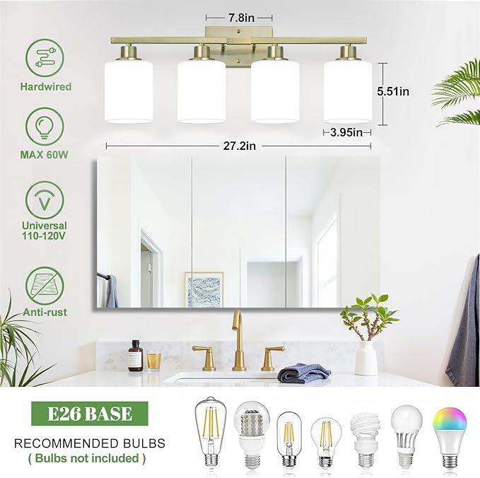 MOKATNG 4-Light Bathroom Light Fixtures, Aged Brass Vanity Light with Milky White Shades, Bathroom Lighting Fixtures Over Mirror, Modern Bathroom Wall Lamp for Mirror Living Room Cabinet Bedroom