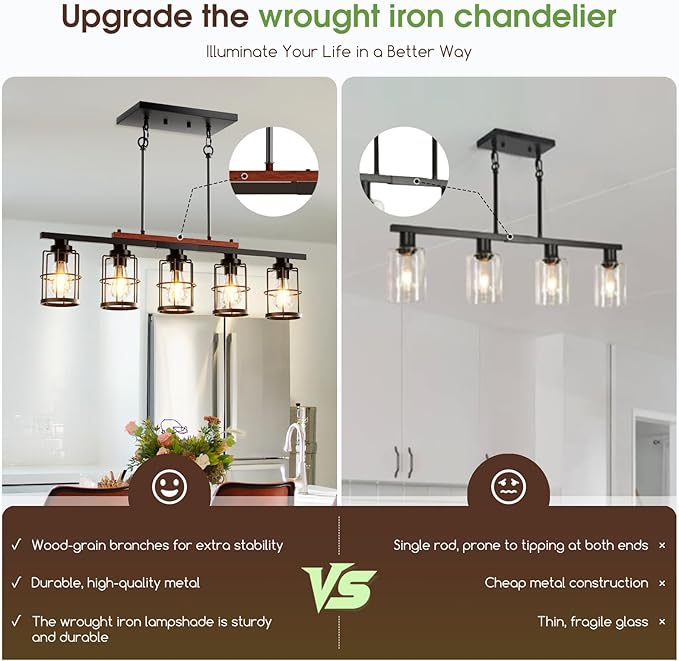 5-Light Dining Room Light Fixture, Chandeliers for Dining Room with Metal Lampshade, 33.4" Kitchen Island Lighting for Dining Rooms, Kitchens, and Islands, with Adjustable Height