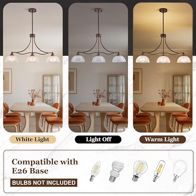 3-Light Oil Rubbed Bronze Pendant Light for Kitchen Island Antique Dome Hanging Light Fixture Brushed Bronze Dinner Room Light with Crystal Glass Adjustable Pendant Lamp for Bedroom Hallway Entryway