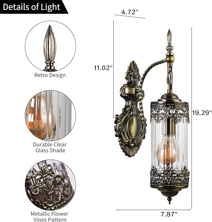 Rustic Wall Sconce with Clear Glass,Vintage Antique Gothic Wall Light Fixture E26 Mid Centry Lantern Bedside Sconces Wall Lighting for Living Room Bathroom Hallway Mirror