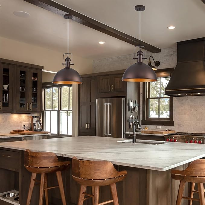 12 Inch Oil Rubbed Bronze Farmhouse Pendant Lights Large Pendant Lights for Kitchen Island Industrial Adjustable Height Vintage Big Dome Hanging Light Fixtures for Barn, Dining Room 3 Packs
