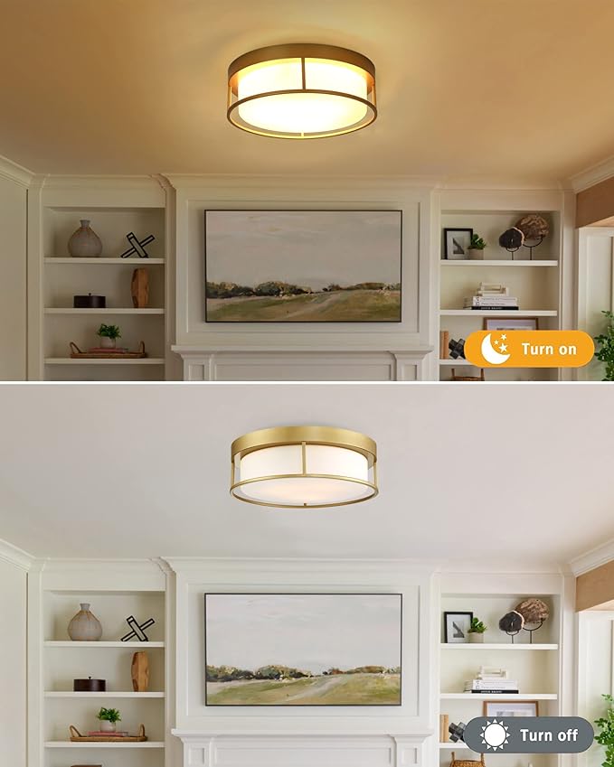 Ceiling Light, 15 Inch Flush Mount Ceiling Light Fixture, Gold Finish with Opal Frosted Glass, Round Close to Ceiling Lights for Bedroom, Kitchen 6871LFM-GD-15