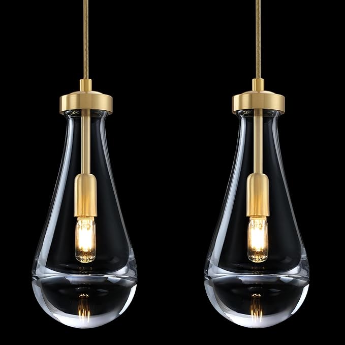 2 Pack 5 Inch Hanging Raindrop Crystal Glass Kitchen Island Modern Concise Pendant Ceiling Light Fixture,Gold Finish for Kitchen Island Dining Room Bedroom Hallway,UL Listed