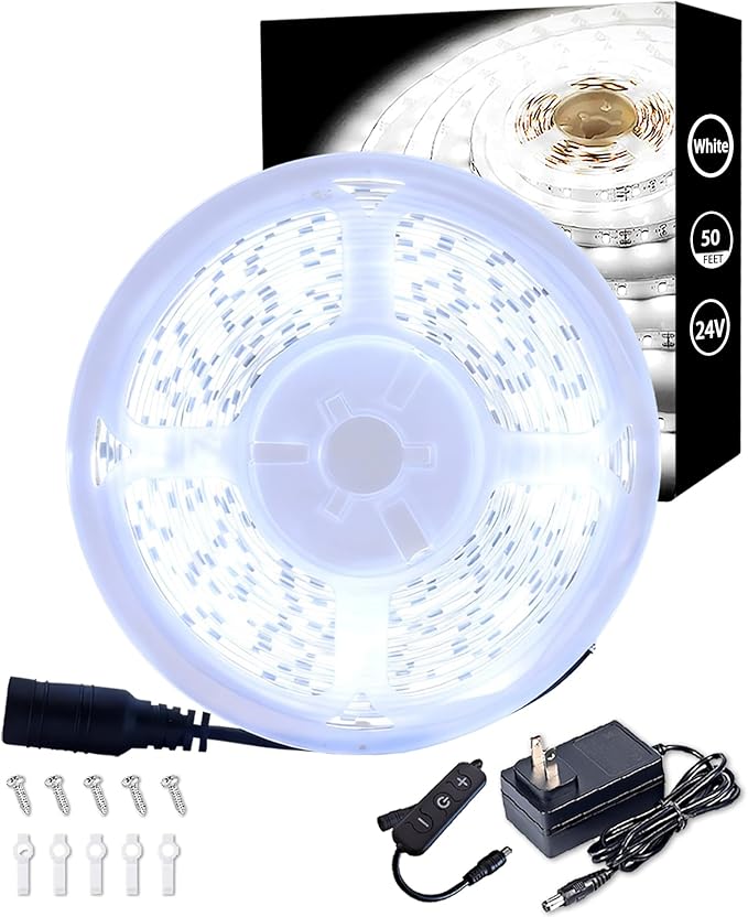 50 FT Led Strips Lights 24V Plugin Led Strip Lights Connectable Daylight White 6000k Lighting Indoor Rope Lights Flexible LED Light Strip for Holiday Home Housewarming Party Decor