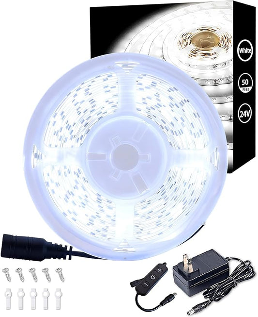 50 FT Led Strips Lights 24V Plugin Led Strip Lights Connectable Daylight White 6000k Lighting Indoor Rope Lights Flexible LED Light Strip for Holiday Home Housewarming Party Decor