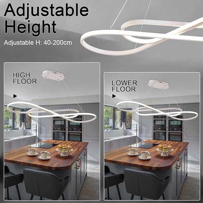 Led Chandeliers for Dining Room,Modern Led Pendant Light Fixture, Dimmable Adjustable Height Music Note Shape Hanging Lamp with Remote Control White Iron Ceiling Light Fixture for Kitchen Island