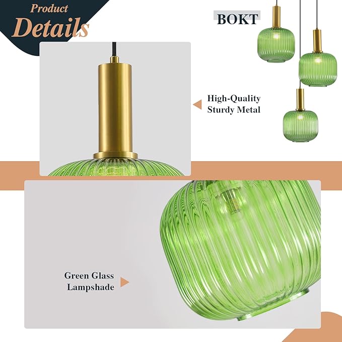 BOKT Green 3-Light Cluster Pendant Lights Mid Century Modern Ceiling Hanging Lighting 7.9" Farmhouse Gold Pendant Lights Kitchen Island with Ribbed Hand Blown Glass for Living Room Dining Room