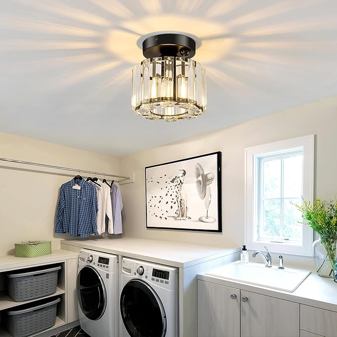 Indoor Motion Sensor Ceiling Light Fixture Modern Small Crystal Semi Flush Mount Ceiling Light Black Mini Round Chandelier for Hallway Closet Entryway Bathroom Kitchen