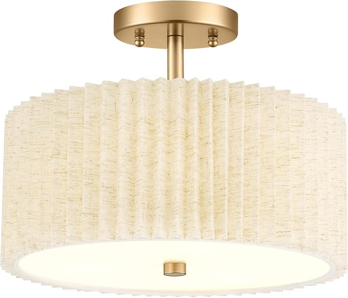 Gold Semi Flush Mount Ceiling Lights, 3-Light 12.5" Light Fixtures Ceiling Mount with Pleated Linen Fabric Shade, Drum Lighting Fixture for Hallway Nursery Bedroom Kitchen, AD-25036-3SF-GD-B