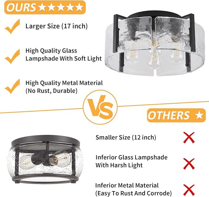 Black Semi Flush Mount Ceiling Light Fixture, 17.7-Inch Glass Drum Flush Mount Light Farmhouse Modern Lights Kitchen Lighting Fixtures for Foyer Entryway Hallway Bathroom Bedroom Laundry Room