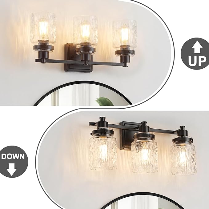 3 Lights Bathroom Light Fixtures Farmhouse Black Vanity Lights for Bathroom Lighting Fixtures Over Mirror with Hammered Glass Lampshade for Cabinet Mirror Bedroom Hallway