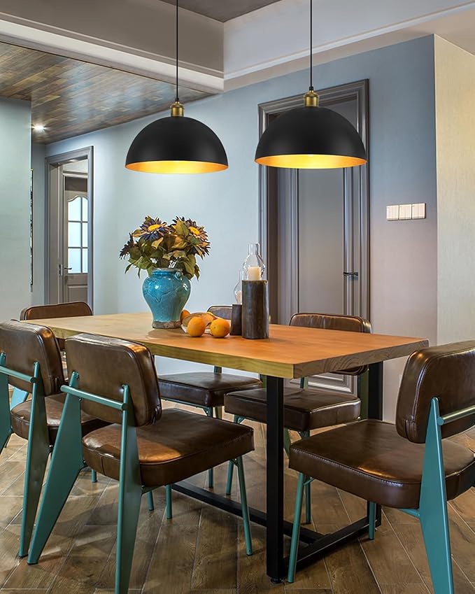 Pendant Lights for Kitchen Island, 11.8" Black and Gold Farmhouse Pendant Light, Dome Pendant Light Fixtures for Dining Room, Living Room, Bedroom, Cafe, Bar, 2 Pack