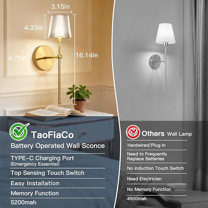TaoFiaCo Battery Operated Wall Sconces Set of 2, Wireless Wall Sconce with Remote Dimmable Timer, Rechargeable 5200mAh, Cordless Wall Light Gold for Bedroom Living Room, Hallway, Light Decor
