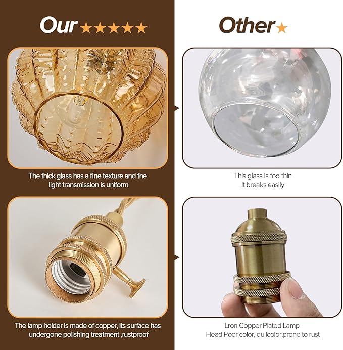 Amber Glass Pendant Light Fixtures,Vintage Antique Champagne Gold Pendant Lights Mid Century Modern Pendant Lights Suitable for Kitchen Island Dining Table Bedroom Bathroom and Above the Sink
