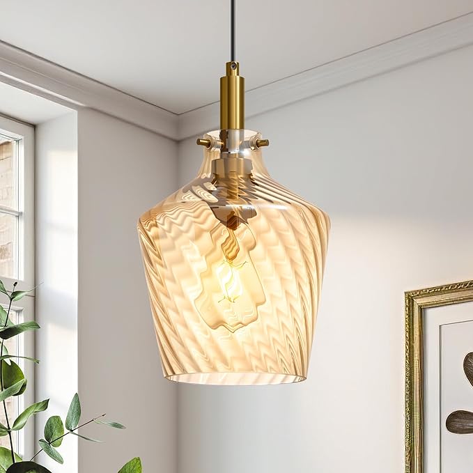 Modern Amber Glass Pendant Light for Kitchen Island 1 Pack, Farmhouse Gold Pendant Light Fixtures Adjustable Hanging Ceiling Light Angled Striped Amber Glass Shades 8 Inch