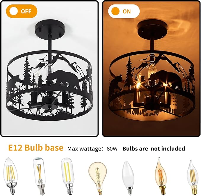 Farmhouse Rustic Slanted Ceiling Light Fixture - 3-Light Round E12 Base Black Metal Fixture with Deer and Bear Design - Perfect for Kitchen, Bedroom, Hallway, and Rustic Style