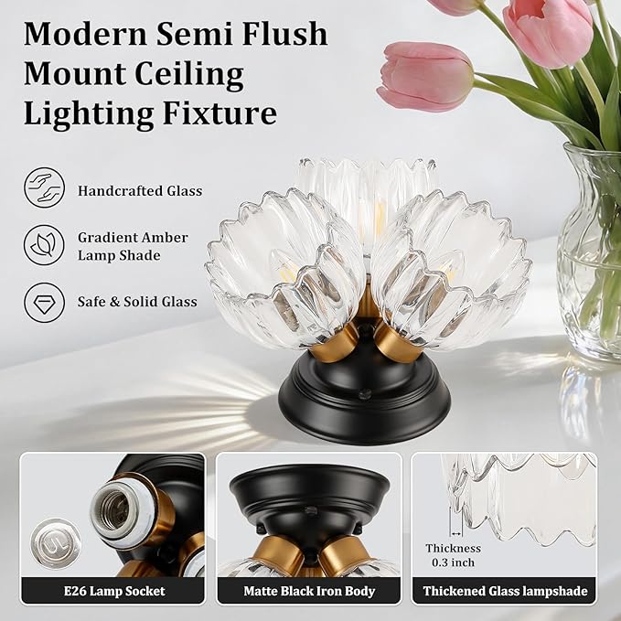 TALOYA Semi Flush Mount Ceiling Light,3-Light Close to Ceiling Light Fixtures with Clear Tulip Glass Shades Modern Farmhouse Lighting Fixtures for Hallway Corridor Kitchen Bathroom Bedroom Passway
