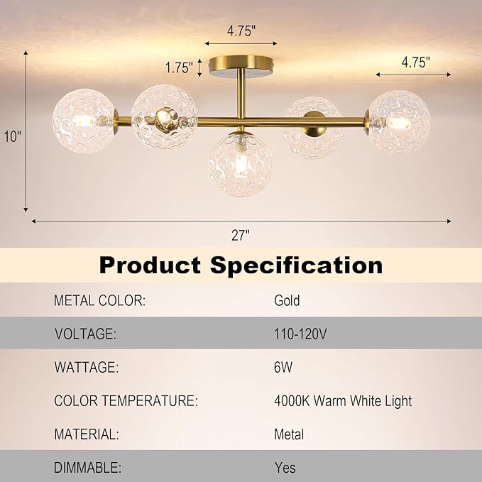 Gold Brass Globe Vanity Light - Vintage 5-Lights Wall Sconce - Sphere Round Lights Fixture with Hammered Clear Glass Shade - Mid Century Modern Sconces for Bathroom Bedroom Living Room Entryway Porch